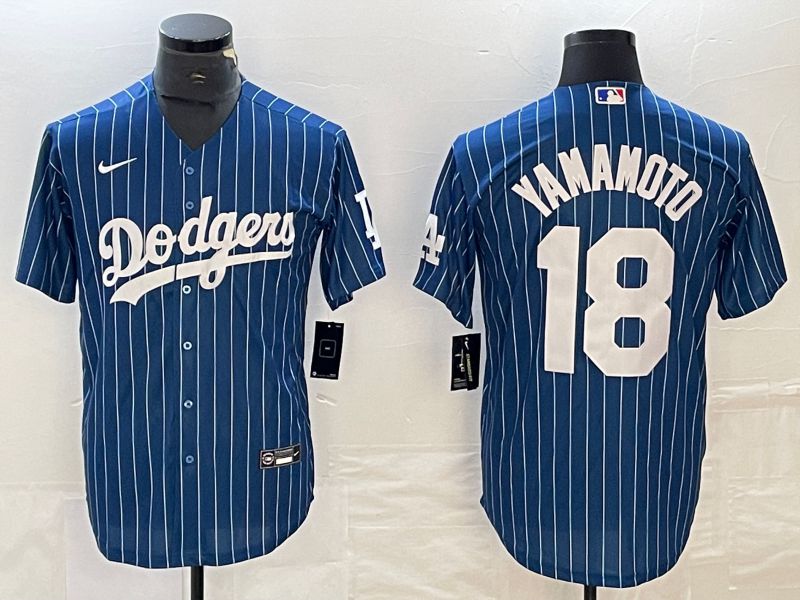 Men Los Angeles Dodgers #18 Yamamoto Blue stripe Nike Game MLB Jersey style 7